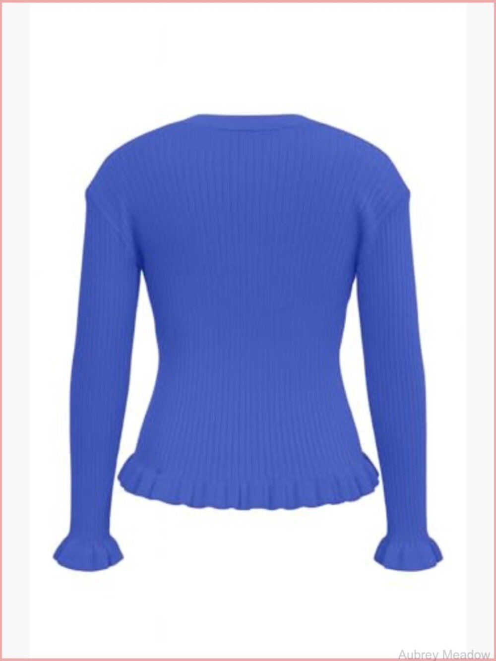 Ruffled Trim Ribbed Knit V-Neck Pearl Button Cardigan - Picture 6 of 7